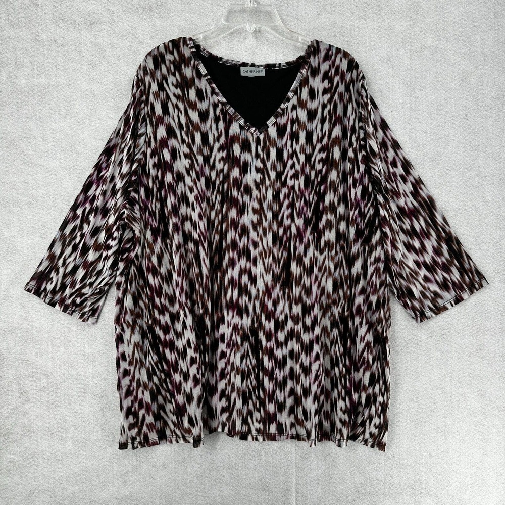 Catherines Blouse‎ Womens 3X Brown Pink Art To Wear 3/4 Sleeve Top Stretchy